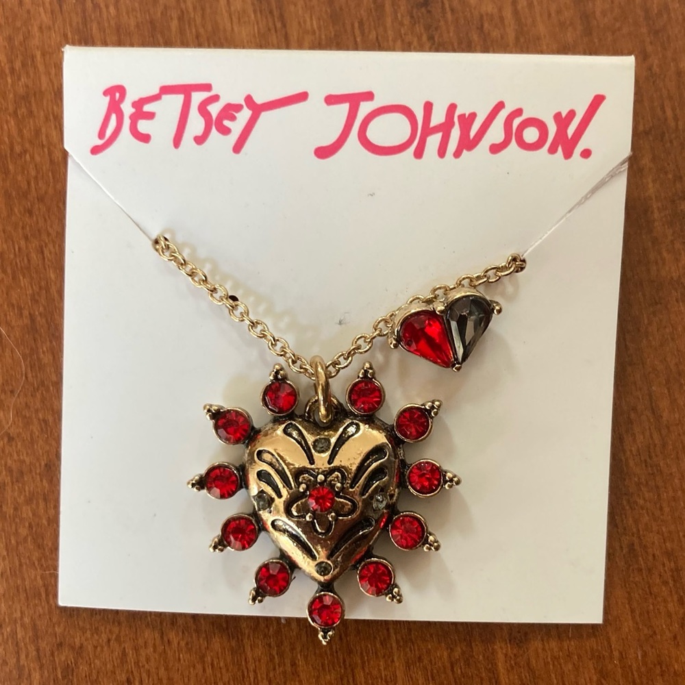 Betsey Johnson Gold and Red Bejeweled Engraved Heart Necklace and One Earring